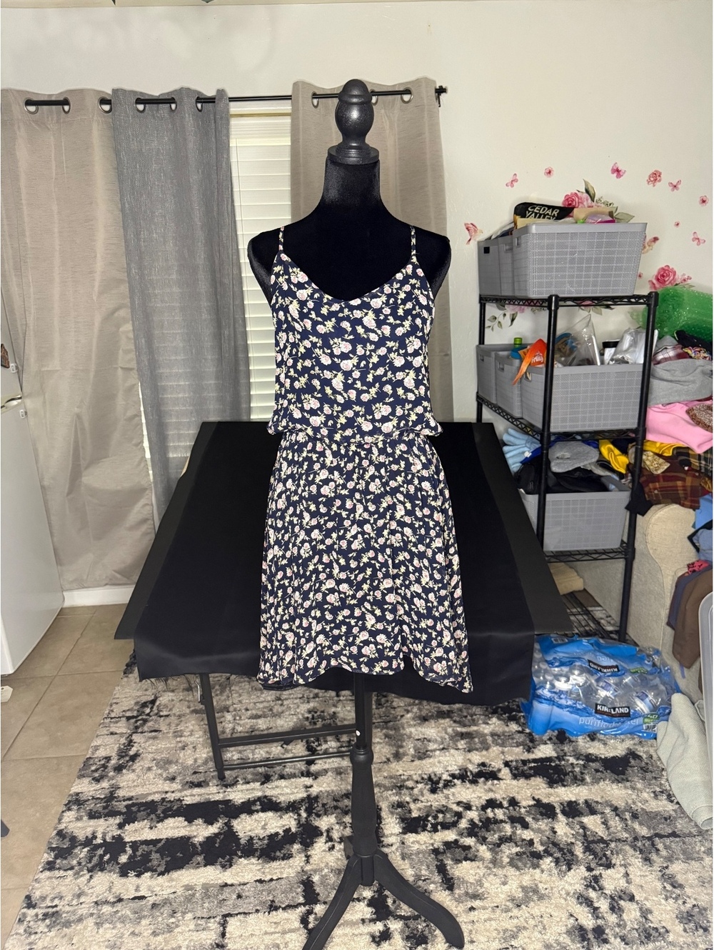 Navy Blue Floral Spaghetti Strap Dress with Cross Back